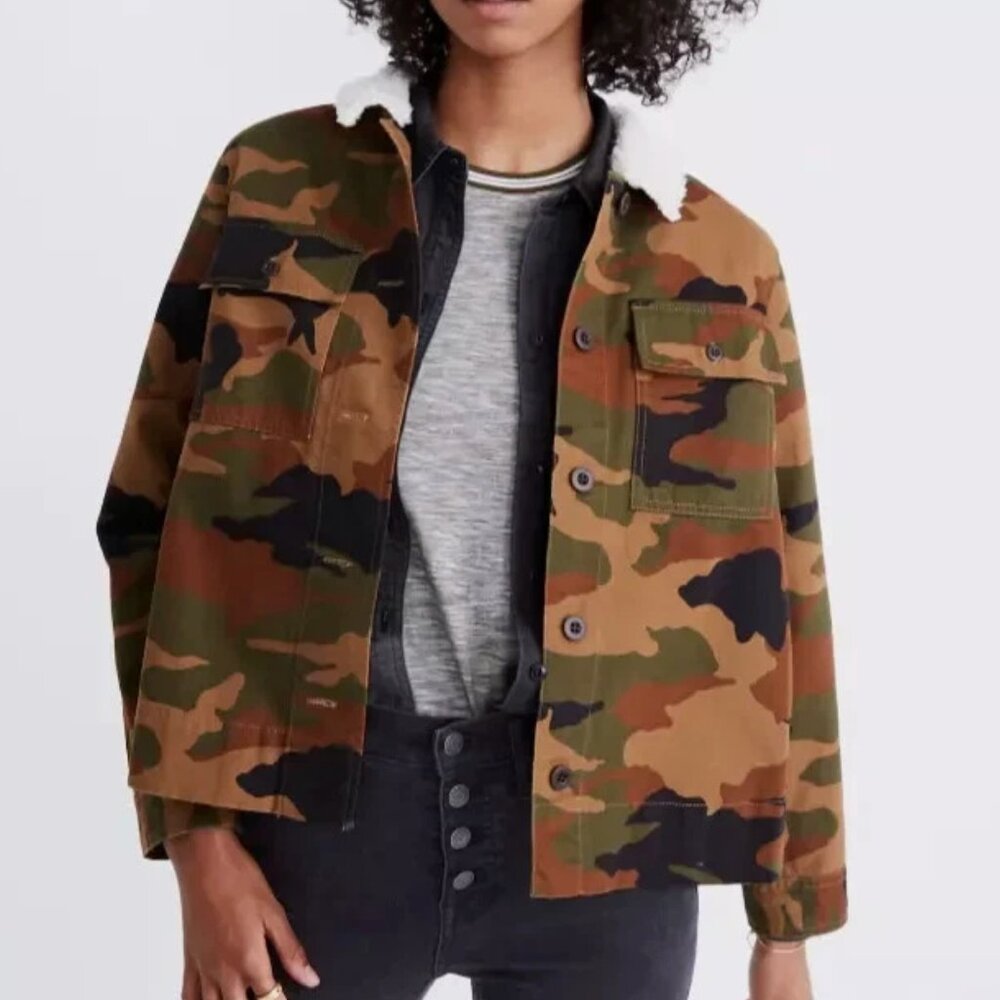 Madewell Northward Cropped Army Jacket Cottontail Camo Sherpa Collar Size S
